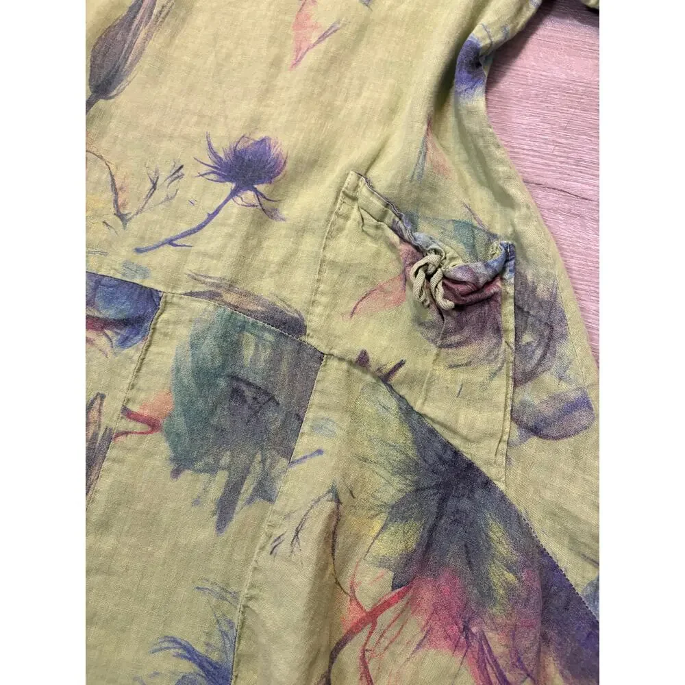 Green 100% Italian Linen Watercolor Floral Lagenlook Hobo Grunch Dress 0S Bubble